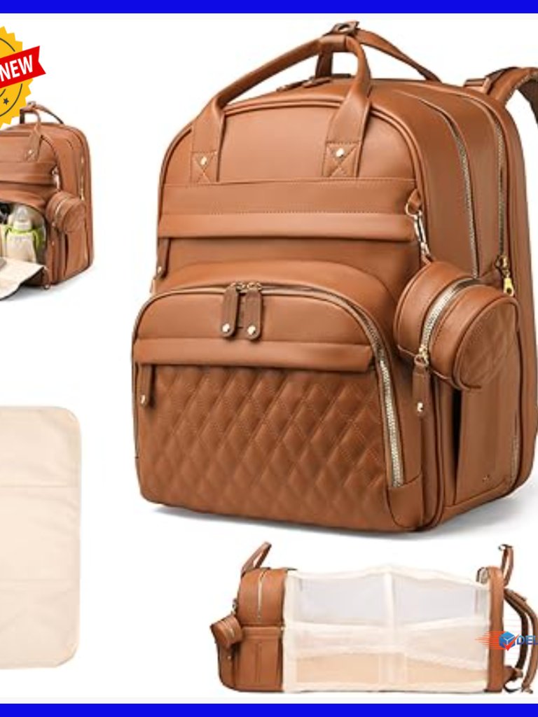 Large Diaper Backpack With Changing Station, Water-Resistant Vegan Leather,
